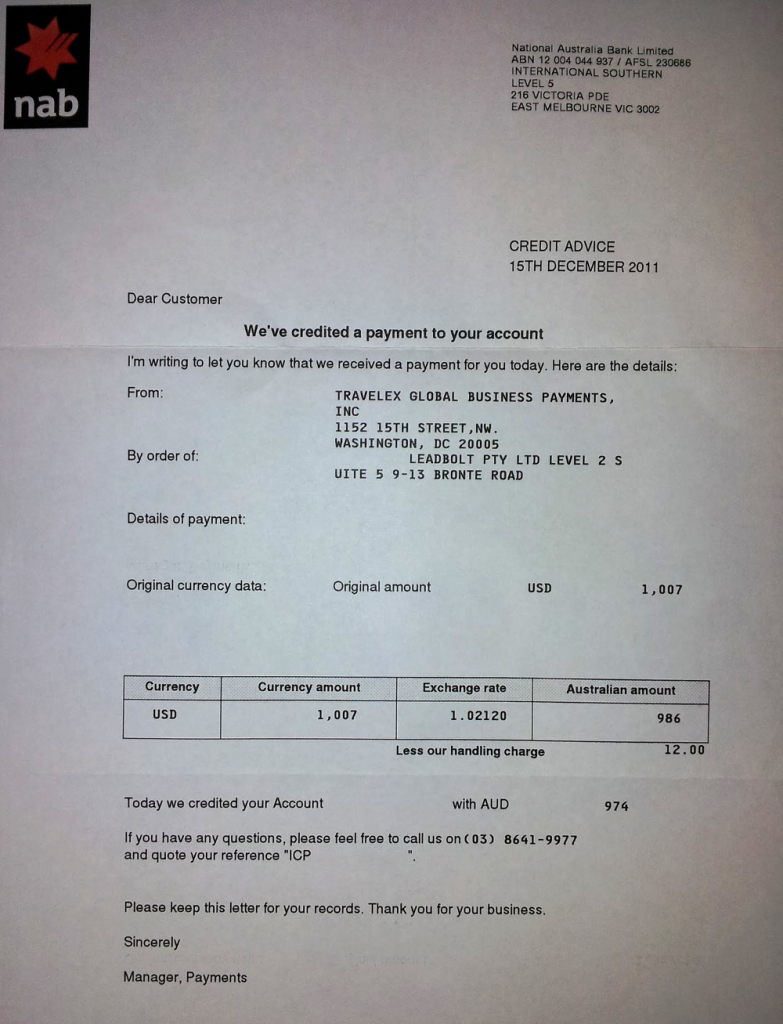 Bank Statement for LeadBolt Payment LeadBolt Mobile Advertising Income - Proof Of Payment